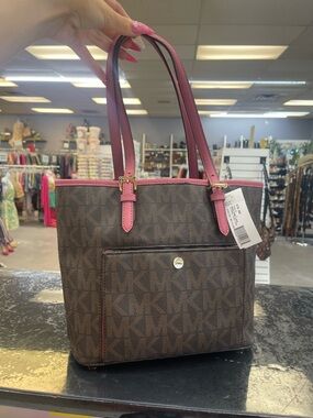 Michael Kors Brown MK Monogram Tote with Pink Trim